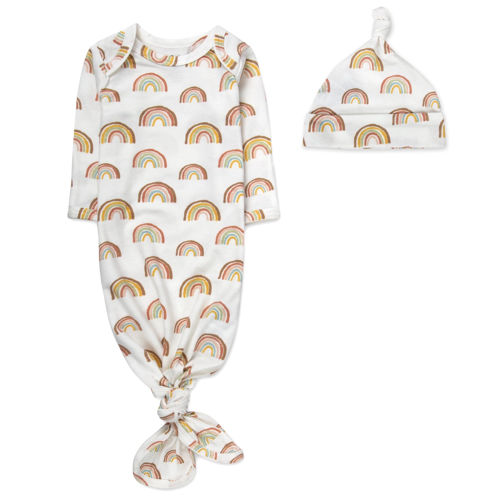 Baby Essentials Long Sleeve Knotted Patterned Sleeping Gown with Matching Night Cap for Newborn