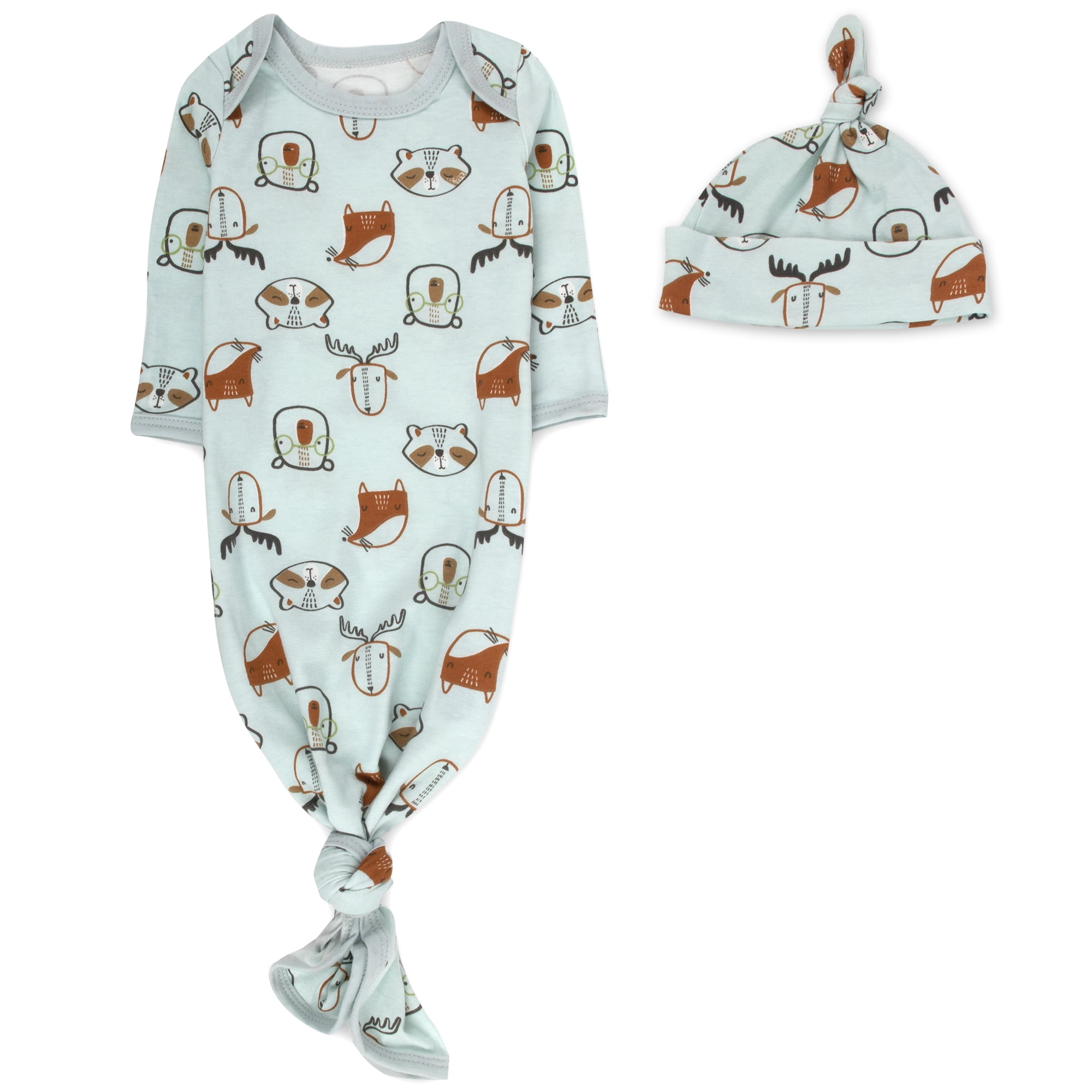 Baby Essentials Long Sleeve Knotted Patterned Sleeping Gown with Matching Night Cap for Newborn