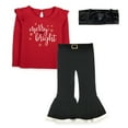 thumbnail image 1 of Baby Essentials Merry and Bright Ruffle Long Sleeve Shirt with Matching Velour Bell Flared Santa Pants & Black Velour Headband for Infant Toddler Girls of 12 Months for Christmas, Holiday & Photos, 1 of 5
