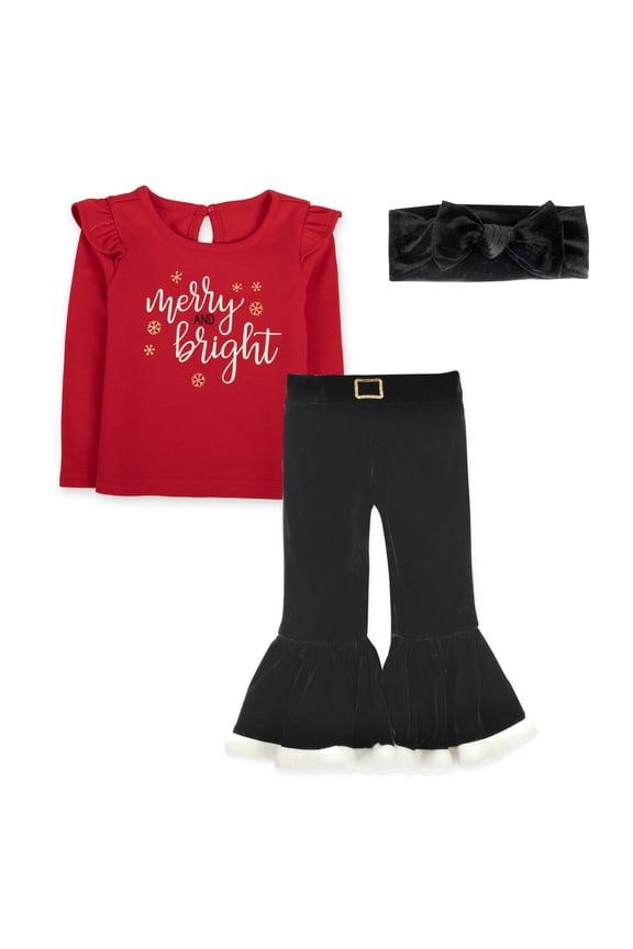 Merry and Bright Ruffle Long Sleeve Shirt with Matching Velour Bell Flared Santa Pants & Black Velour Headband for Infant Toddler Girls of 12 Months for Christmas, Holiday & Photos