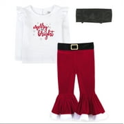 Baby Essentials Merry and Bright Ruffle Long Sleeve Shirt with Matching Velour Bell Flared Santa Pants & Black Velour Headband for Infant Toddler Girls of 12 Months for Christmas, Holiday & Photos