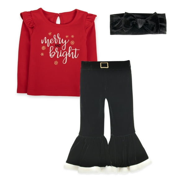 Baby Essentials Merry and Bright Ruffle Long Sleeve Shirt with Matching Velour Bell Flared Santa Pants & Black Velour Headband for Infant Toddler Girls of 24 Months for Christmas, Holiday & Photos