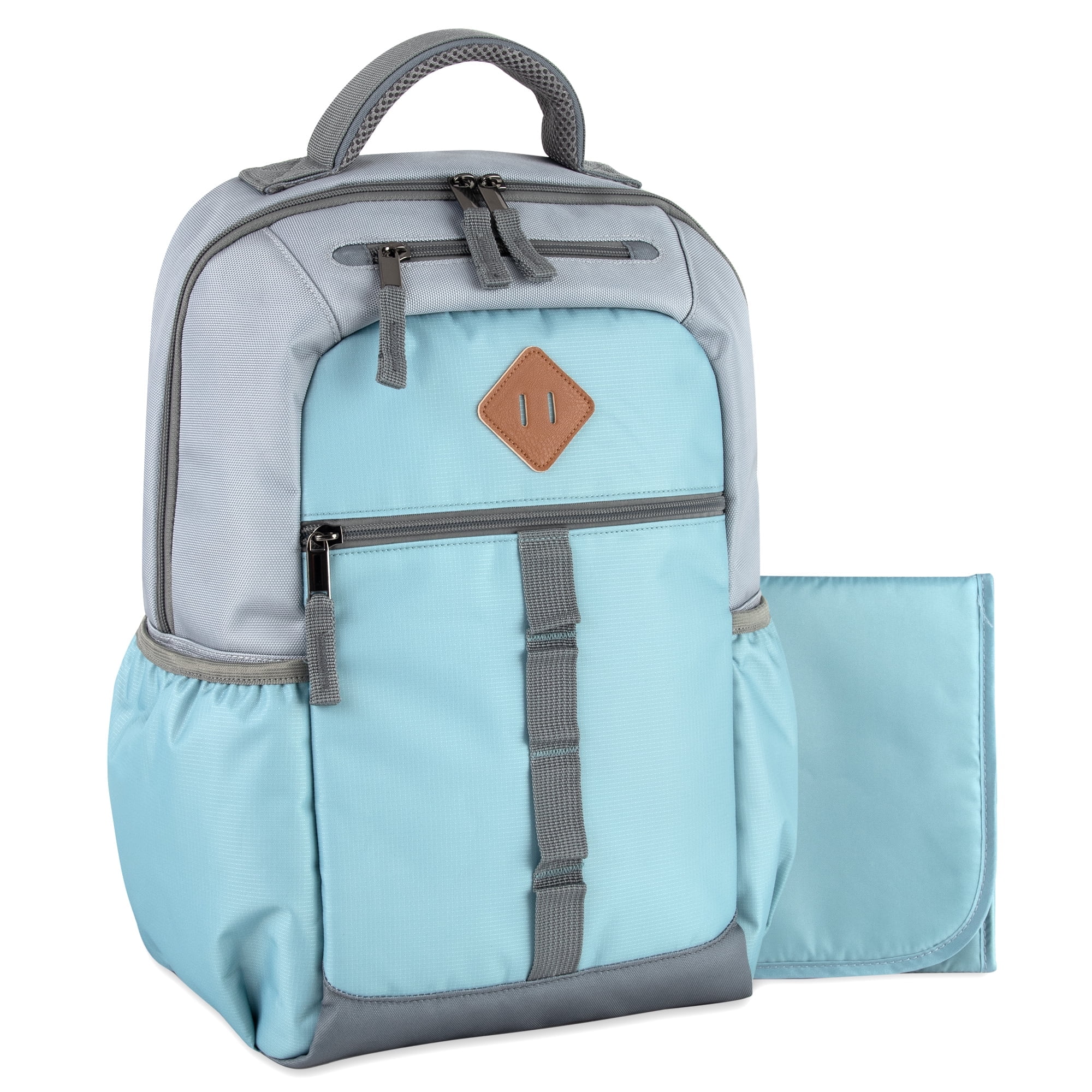 Baby Essentials Multi-Pocket Dual Zipper Closure Diaper Bag Backpack with Matching Changing Pad, Insulated Bottle Pockets and Stroller Straps in Ice Blue and Gray
