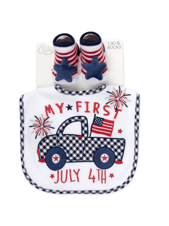 My First 4th of July Bib & Bootie Socks Set – American Baby Gift Set, Red White Blue Infant Outfit Accessory for Boys