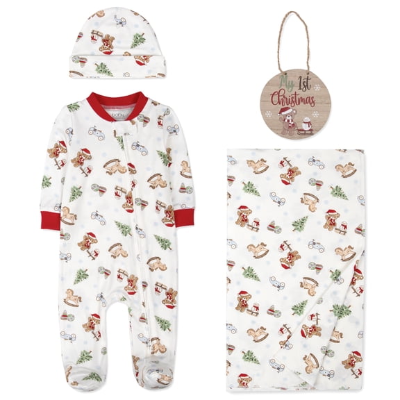 Baby Essentials Newborn Baby 4 Piece Coming Home Outfit Gift Set – Footie Sleeper, Blanket, Hat & Wooden Birth Announcement Ornament (Ivory My 1st Christmas Newborn)