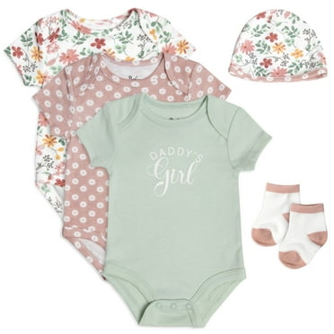 Baby Essentials Newborn Baby Girls 0 Months Daddy’s Girl 5 Piece Bodysuit Set Containing 3 Short Sleeve Bodysuits, 1 Cap & Pair of Socks