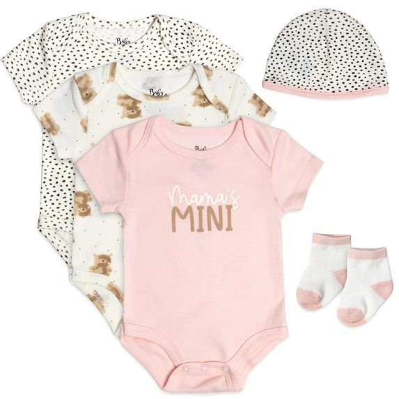Baby Essentials Newborn Baby Girls 0 Months Mama’s Mini 5 Piece Bodysuit Set Containing 3 Short Sleeve Bodysuits, 1 Cap & Pair of Socks