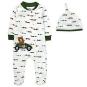 Baby Essentials Newborn Infant Boys 0 Months Embroidered Romper Footie with Matching Hat in Race Cars & Teddy Bears