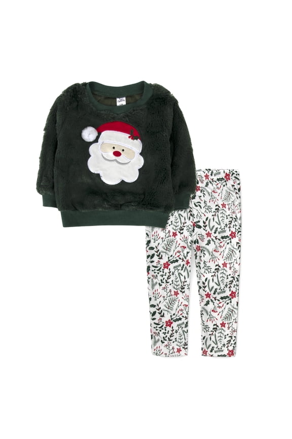 Plush Green Faux Fur Embroidered Santa Face Sweater with Matching Red and Green Mistletoe Pants for 24 Month Infant Toddler Girls for Christmas, Holiday, Celebrations and Photos