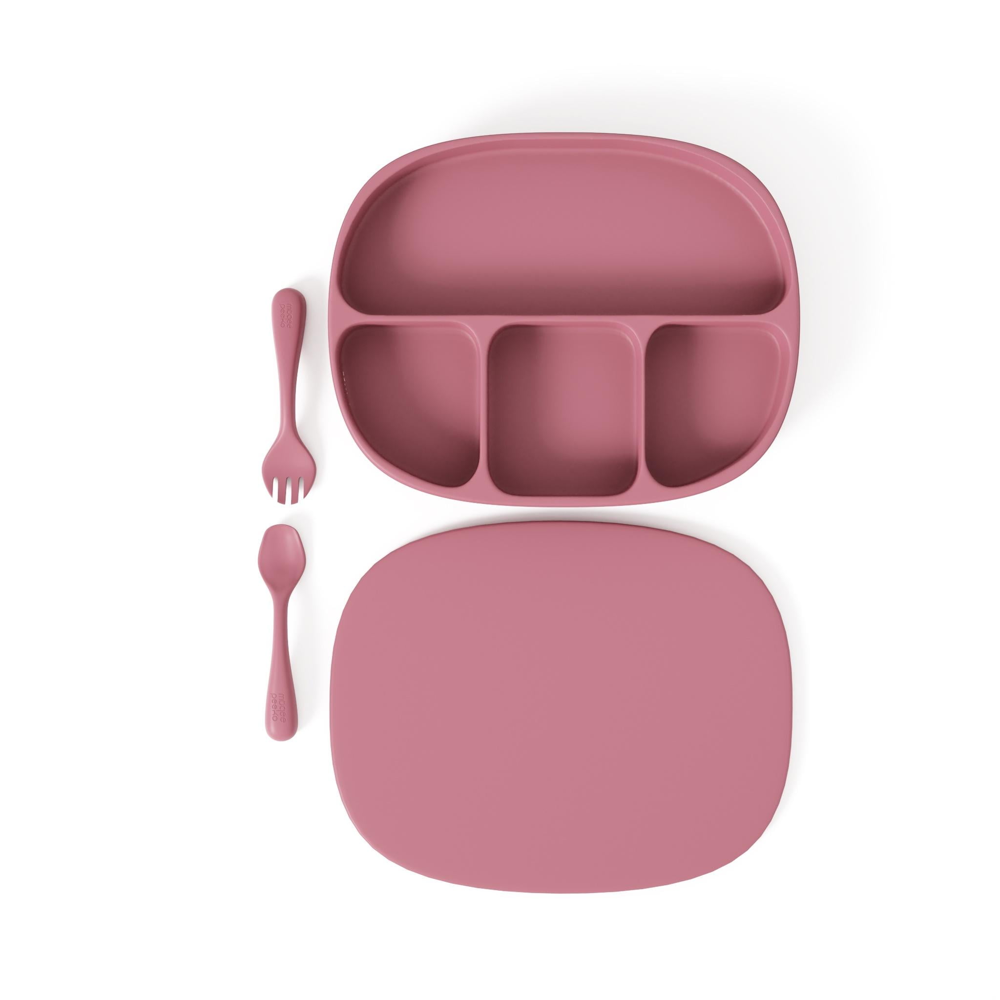 Baby Essentials Set with Food Tray and Baby Utensils by Muqee Peeko in Pink Color - (3 Piece Set)
