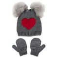 thumbnail image 1 of Baby Essentials Stretch Crochet Knit Beanie Hat with Pom Poms and Matching Pair of Mittens for Newborn, Infant & Toddler Girls 0 – 12 Months in Gray and Red Heart Print, 1 of 6