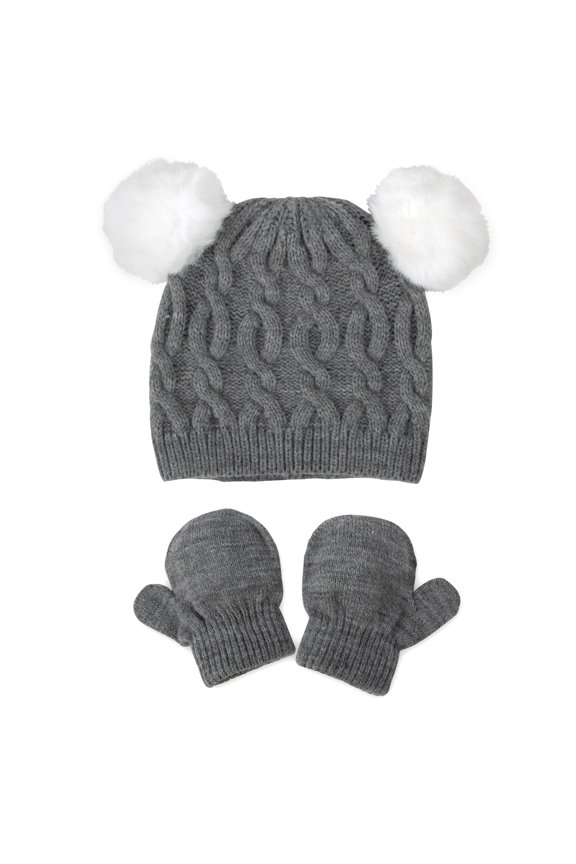 Stretch Crochet Knit Beanie Hat with Pom Poms and Matching Pair of Mittens for Newborns, Infants and Toddlers 0  12 Months in Gray & White