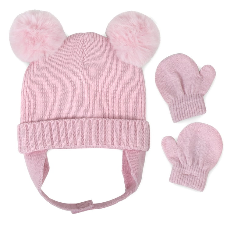 Baby Essentials Stretch Knit Fleece Insulated Trapper Hat with Pom Poms,  Ear Flaps, Velcro Closure Chin Strap and Matching Pair of Mittens for  Newborn, Infant and Toddler Girls 0 – 12 Months