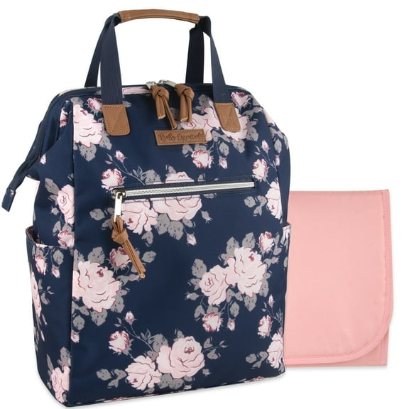 Baby Essentials Super Cooler Main Frame Dual Zipper Closure Diaper Bag Backpack Tote with Matching 6-Ply Changing Pad, Insulated Bottle Pocket and Stroller Straps in Navy Blue Floral