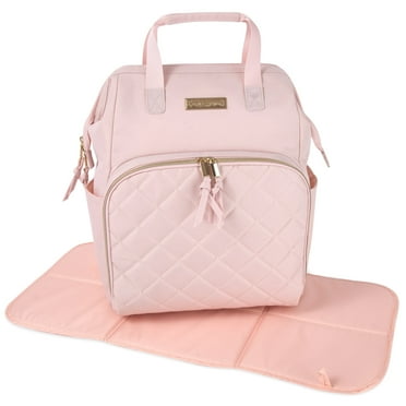 Baby Essentials Super Cooler Main Frame Dual Zipper Closure Diaper Bag Backpack Tote with Matching 6-Ply Changing Pad, Insulated Bottle Pockets, Stroller Straps and Pacifier Pouch in Mauve Pink