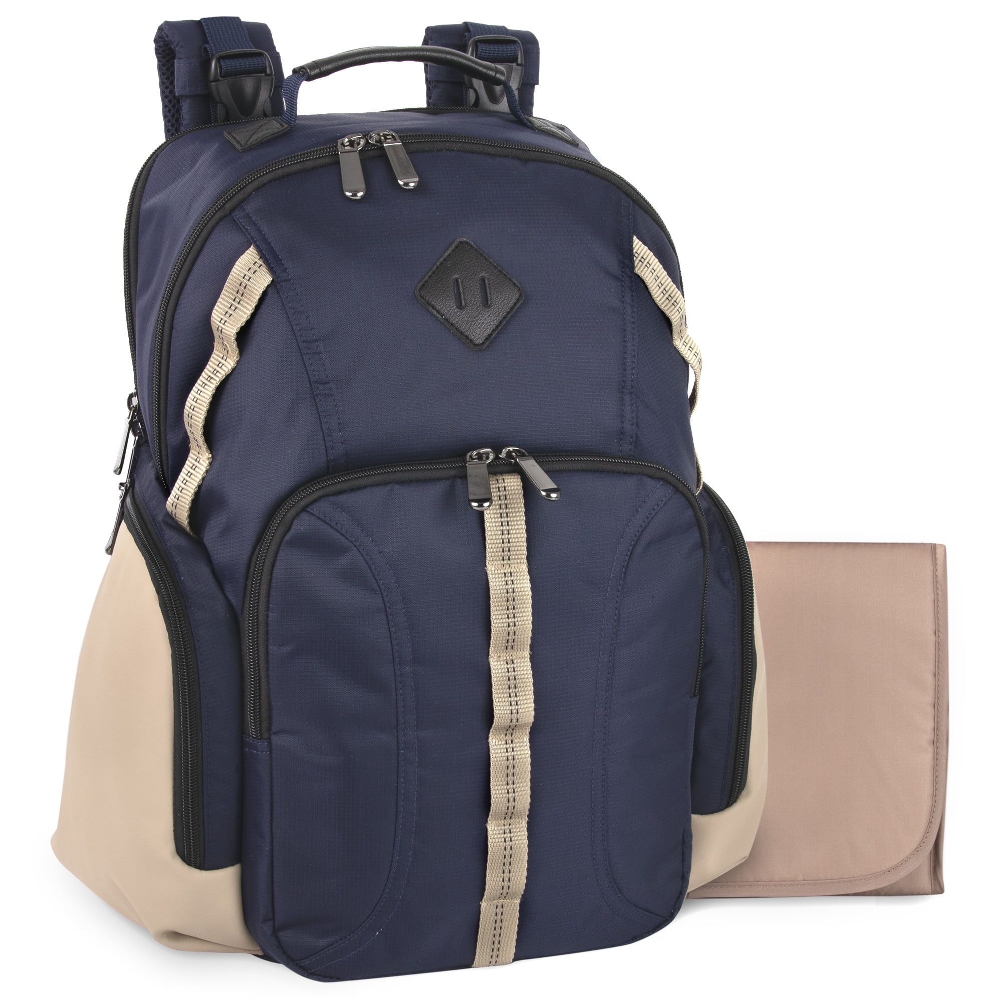 Baby Essentials Super Cooler Multi-Pocket Dual Zipper Closure Diaper Bag Backpack with Matching Changing Pad, Insulated Bottle Pockets and Stroller Straps in Navy Blue & Tan