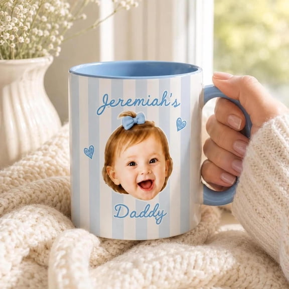 Baby Face Photo Mug, Stripe Baby Picture Cup, Fathers Day Gift For Daddy Girl, New Dad Coffee Gift, First Fathers Day Mug Gift, Bekilab Ceramic Coffee Mug, 11oz 15oz Gift
