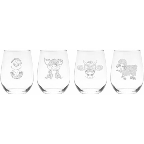 C&M Personal Gifts 17 oz  Baby Farm Animals Stemless Wine Glass Set  Chicken, Pig, Cow, and Lamb - Set of 4 Pieces