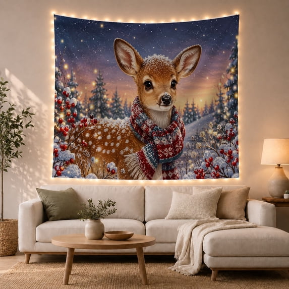 Baby Fawn with Knitted Scarf Against Twilight Winter Forest, Whimsical Fantasy for Kids, Magical Nature Wall Art Christmas Gift, Tapestry Wall Hanging for Nursery and Bedroom