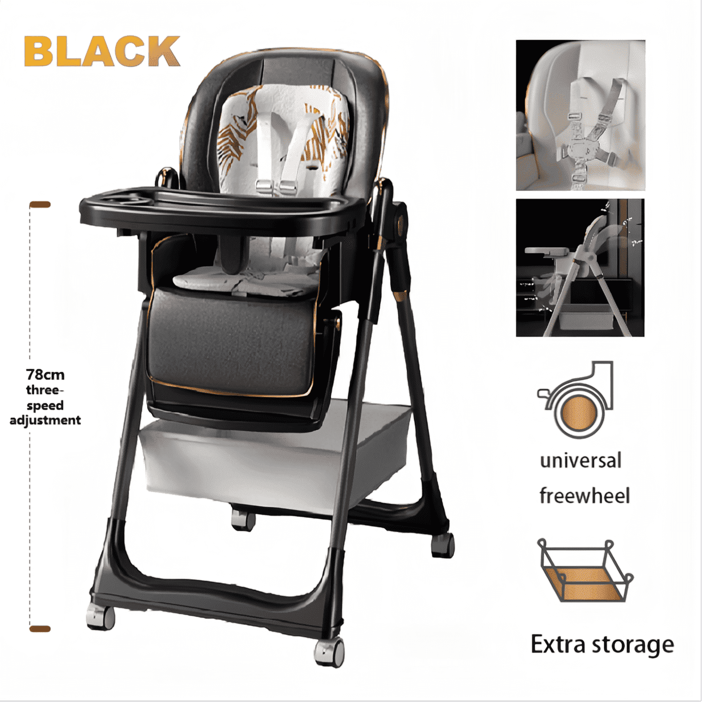 Baby Feeding High Chairs,Baby Portable Folding Dining Chairs for 6 Months to 3 Years,Adjustable Height,PU leather,Unisex,BLACK