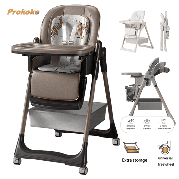 Baby Feeding High Chairs,Baby Portable Folding Dining Chairs for 6 Months to 3 Years,Adjustable Height,PU leather,Unisex,Khaki