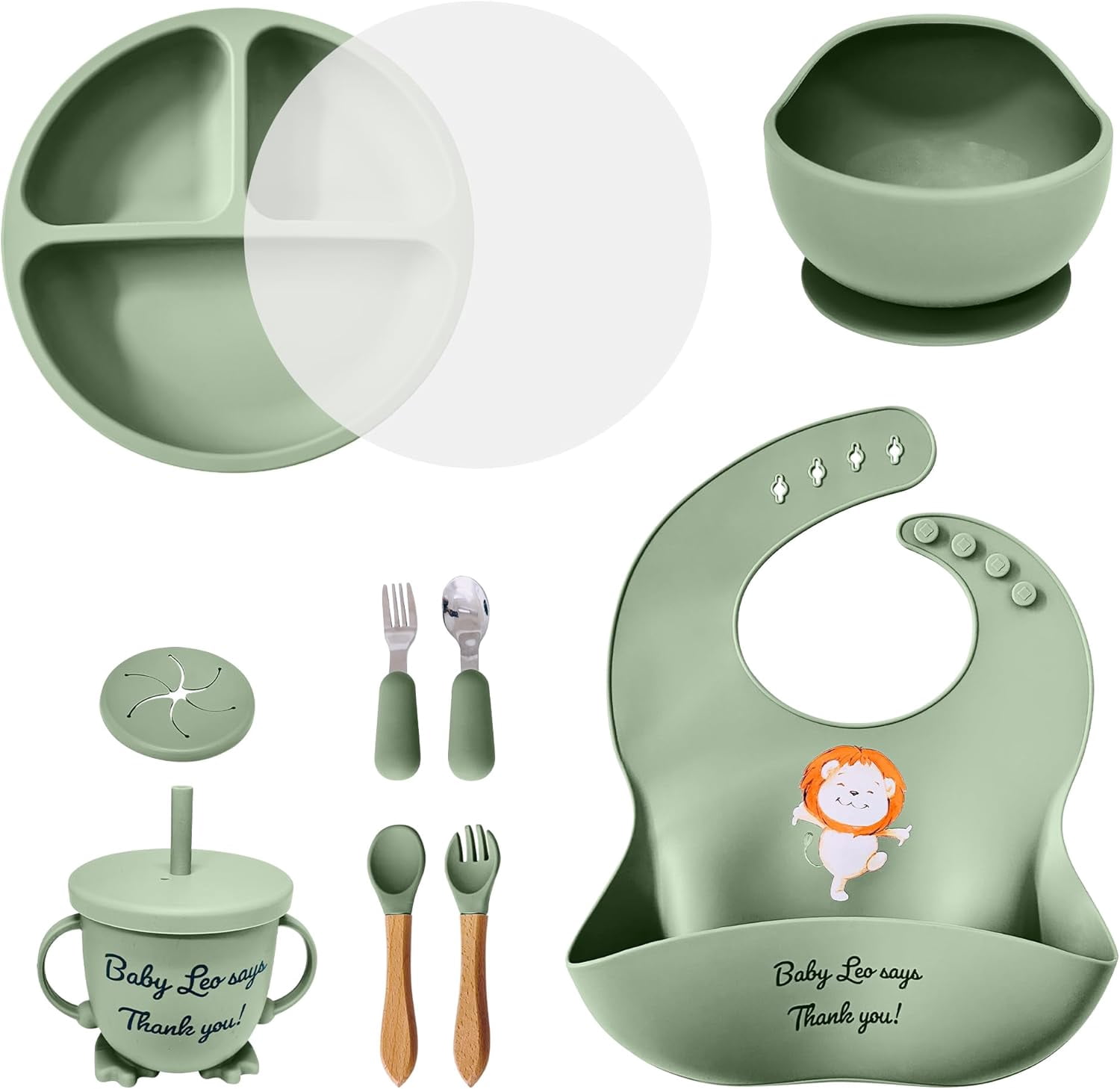 Baby Feeding Set 12 Piece Led Weaning Supplies Suction Bowl and Plate, Divided Plate, Spoon, Fork, Cup, Adjustable Bib Baby Self Feeding Utensils