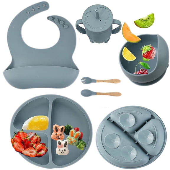 Baby Feeding Set,6 Piece,Baby Led Weaning Supplies with Suction Bowl Divided Plate, Toddler Self Feeding Dish Set with Spoons Forks Sippy Cup Adjustable Bib, Eating Utensils for 6+ Months