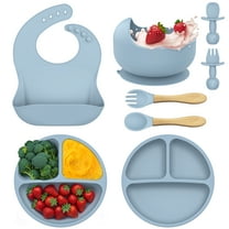Baby Feeding Set, 8Pcs Xueyu Led Weaning Utensils, Toddler Self Feeding Dishes, Silicone Eating Essentials Utensils with 2 Divided Suction Plates, Spoons and Forks, Bib for 6 Months, Blue