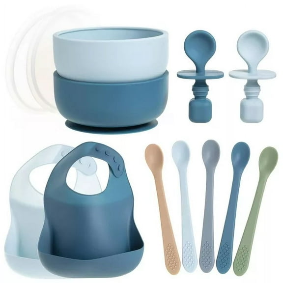 Baby Feeding Set, Silicone Bib, Bowl & Spoons for Self-Feeding First Stage Baby Essentials  Gum Friendly, BPA-Free, Easy to Clean & Safe for Babies, Blue