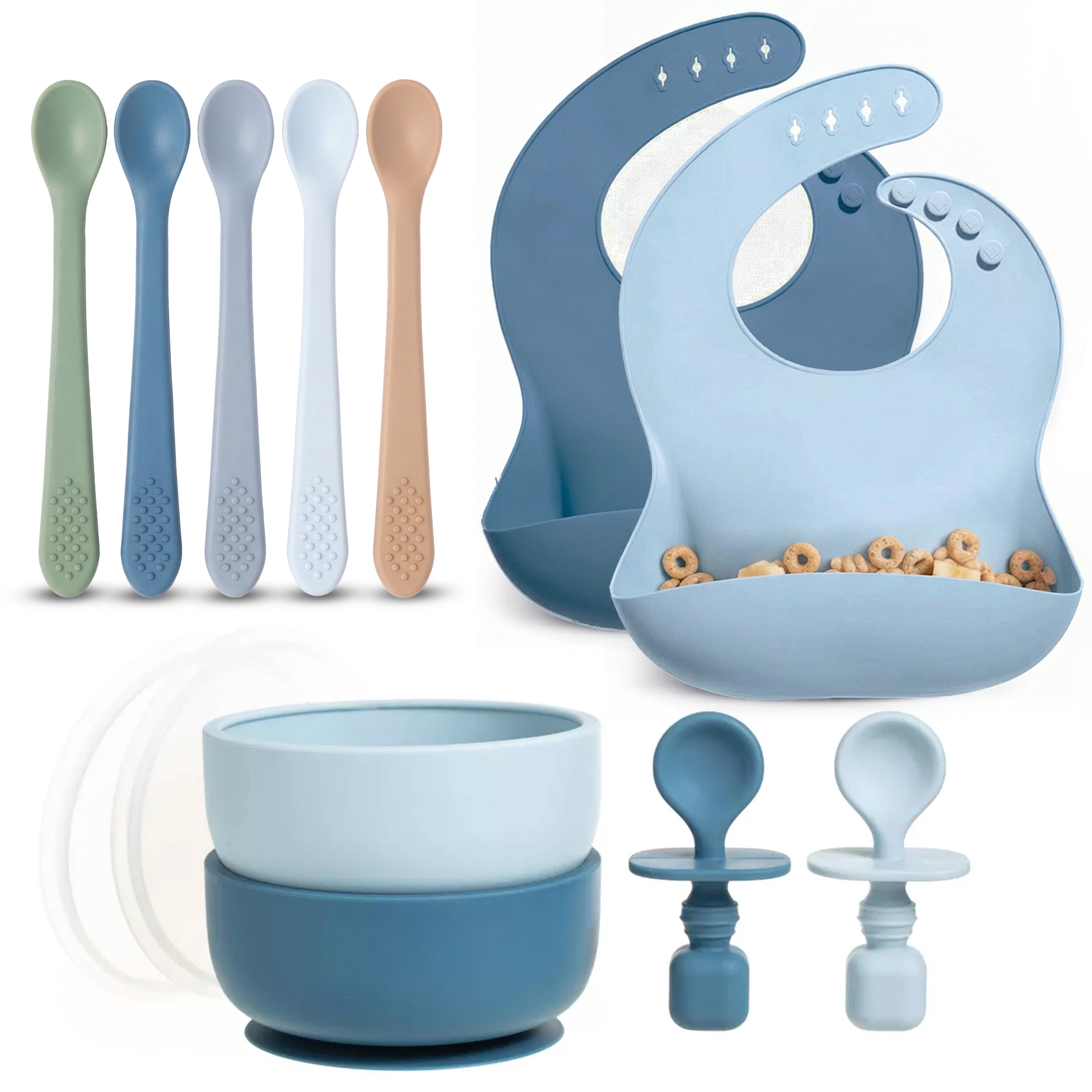 Baby Feeding Set, Silicone Bib, Bowl & Spoons for Self-Feeding First Stage Baby Essentials – Gum Friendly, BPA-Free, Easy to Clean & Safe for Babies, Blue