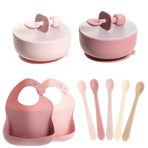 Baby Feeding Set, Silicone Bib, Bowl & Spoons for Self-Feeding First Stage Baby Essentials  Gum Friendly, BPA-Free, Easy to Clean & Safe for Babies, Pink