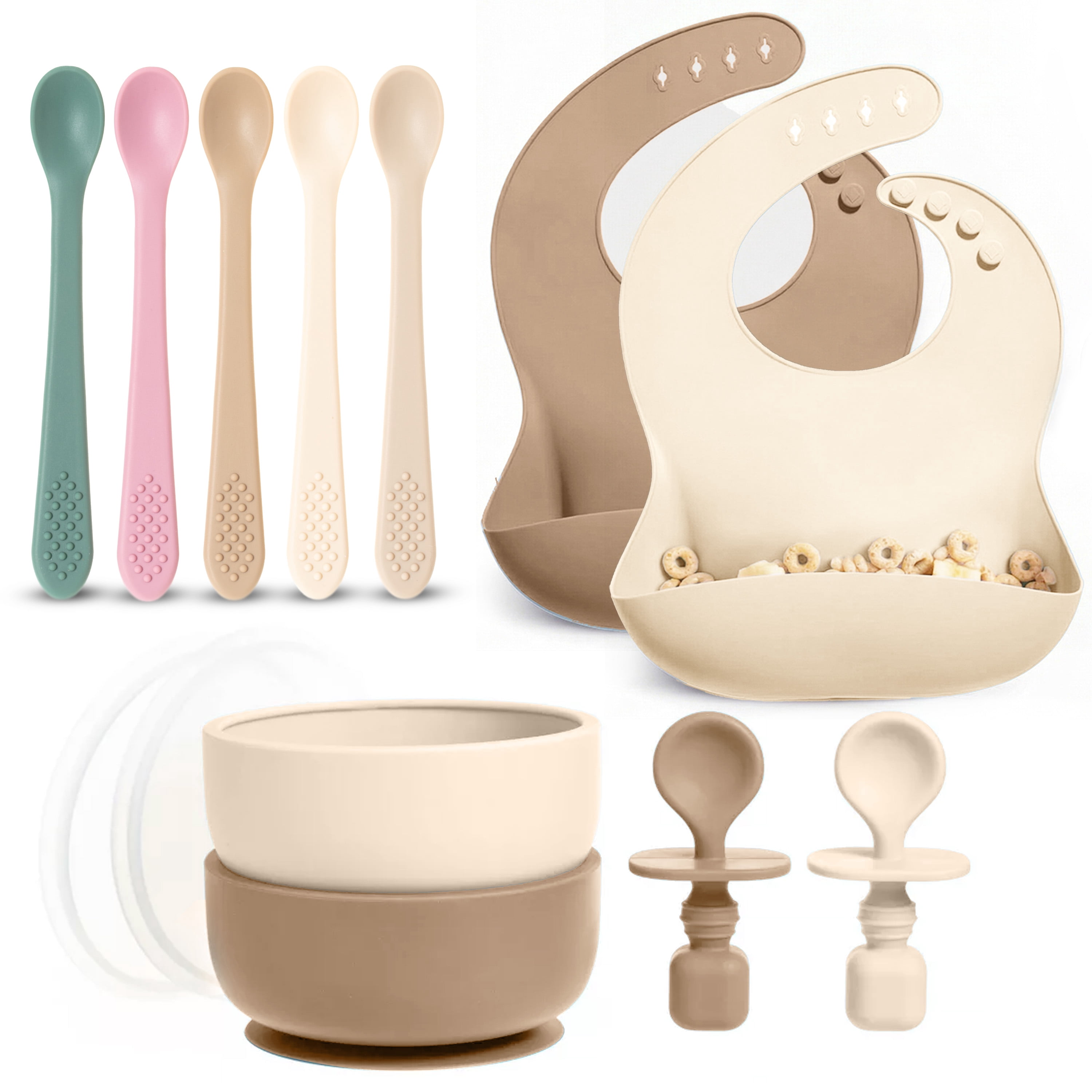 Baby Feeding Set, Silicone Bib, Bowl & Spoons for Self-Feeding First Stage Baby Essentials – Gum Friendly, BPA-Free, Easy to Clean & Safe for Babies, Tan