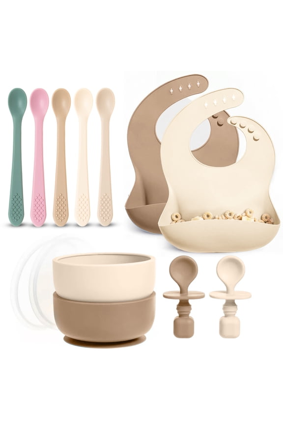 Baby Feeding Set, Silicone Bib, Bowl & Spoons for Self-Feeding First Stage Baby Essentials  Gum Friendly, BPA-Free, Easy to Clean & Safe for Babies, Tan
