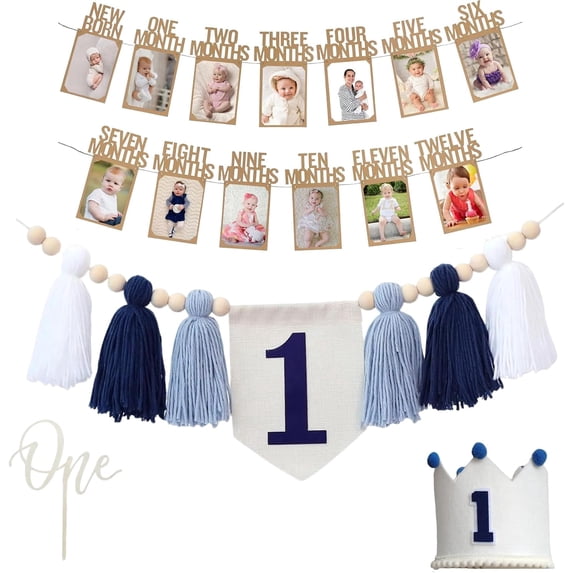Baby First Birthday Party Decorations First Highchair Banner For Baby Boys Blue High Chair Banner Crown Cake Topper Baby Photo Banner 1st Birthday Photo Backdrop