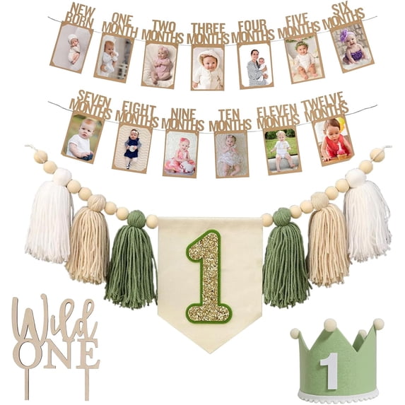 Baby First Birthday Party Decorations First Highchair Banner For Baby Boys Blue High Chair Banner Crown Cake Topper Baby Photo Banner 1st Birthday Photo Backdrop