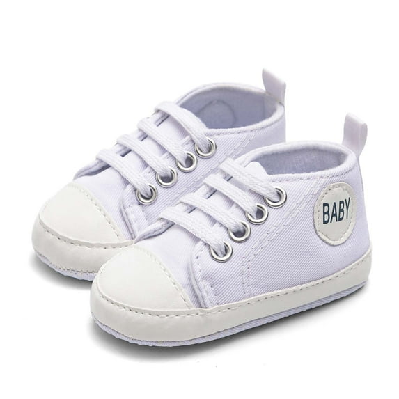 Baby First Walkers Shoes - Anti Slip Soft Sole Canvas Sneakers with Hook & Loop (Unisex White, Sizes for 3-6 Months)