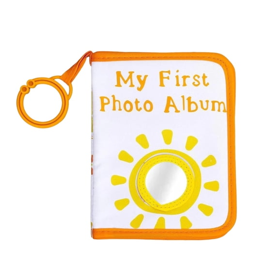 Baby First Year Memory Photo Album with Cartoon Smiling Sun Cover Protective Mirrored and Teething Rings for Boy and Girls