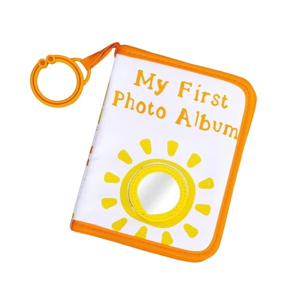 Baby First Year Memory Photo Album with Cartoon Smiling Sun Cover Protective Mirrored and Teething Rings for Boy and Girls