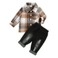 thumbnail image 1 of Baby Flannel Shirt Boy Outfits Boy Clothes Fall Winter Outfits Long Sleeve Plaid Patchwork Button Down Shirt + Casual Jeans Khaki 6-9 Months, 1 of 9