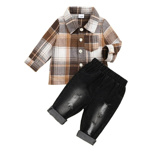 Baby Flannel Shirt Boy Outfits Boy Clothes Fall Winter Outfits Long Sleeve Plaid Patchwork Button Down Shirt + Casual Jeans Khaki 6-9 Months