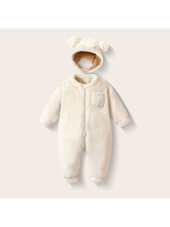 Baby Fleece Bodysuit with Removable Ear Hood Warm Zip Romper great for family outings in cold seasons 3 Months-2 Years White 9-12 Months
