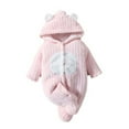 thumbnail image 1 of Baby Fleece Footed Jumpsuit Infant Soft Plush Hooded Bear Onesie Newborn Long Sleeve Romper Girls Winter Clothes, Pink, 6 Months, 1 of 7