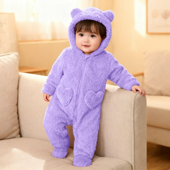 Baby Fleece Jumpsuit Purple Onesie Long Sleeve Zipper Bear Onesie Hooded Jumpsuit Bodysuit Baby Snowsuit Infant Boys Clothes 3-6 Months