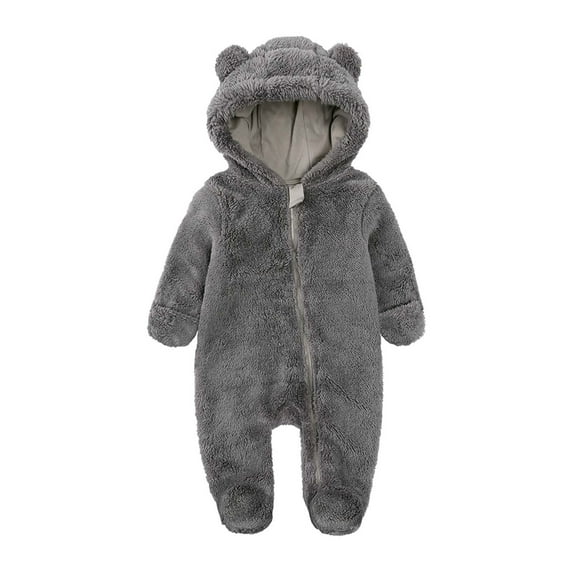 Baby Fleece Jumpsuits Infant Bear Ear Snowsuit Newborn Zipper Hooded Long Sleeve Romper Footed Pajamas for Girls, Dark Gray, 9 Months