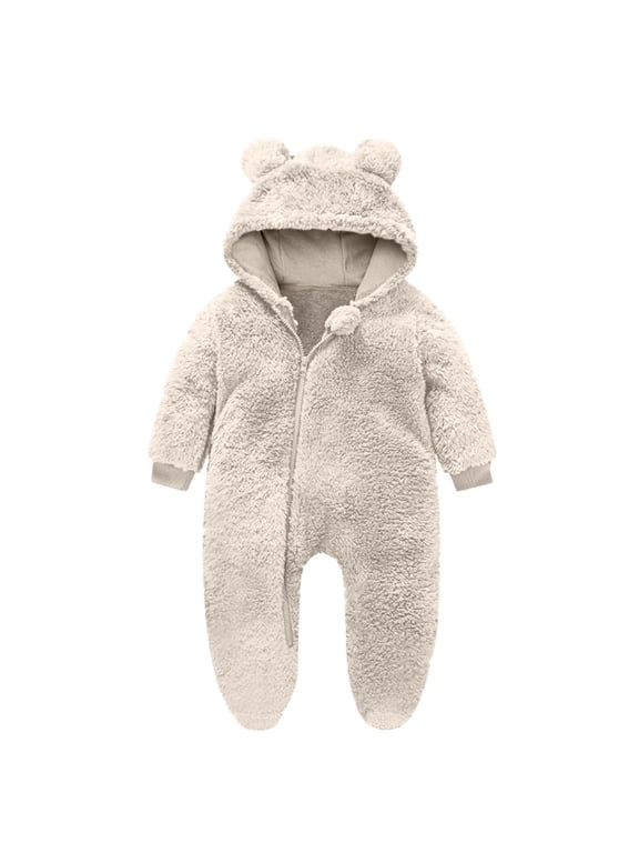 Baby Fleece Jumpsuits Infant Bear Ear Snowsuit Thick Newborn Zipper Hooded Long Sleeve Romper Footed Pajamas for Girls, Beige, 9 Months