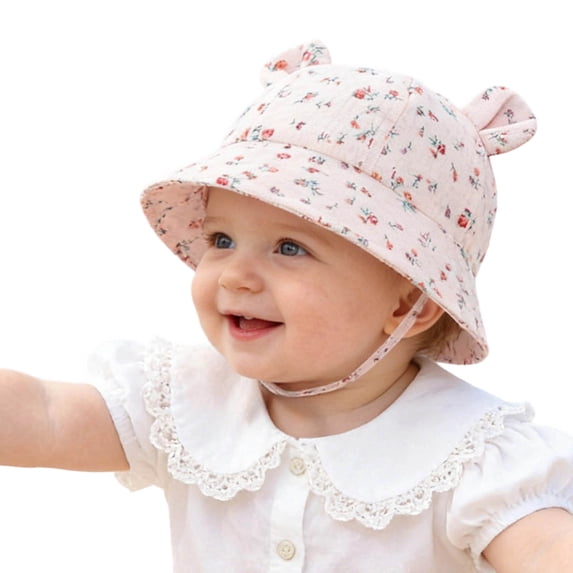 Baby Floral Bear Ear Bucket Hat Breathable Cotton Sun Hat with Chin Strap Wide Brim Outdoor Beach Hat Pink