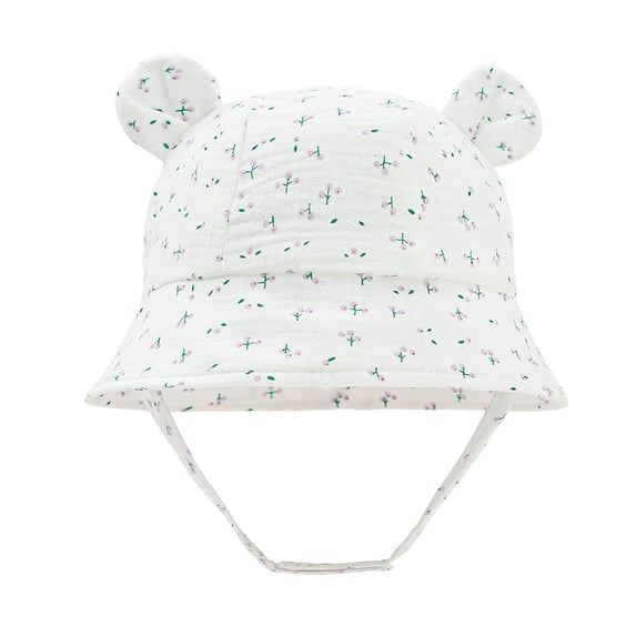 Baby Floral Bear Ear Bucket Hat Breathable Cotton Sun Hat with Chin Strap Wide Brim Outdoor Beach Hat White