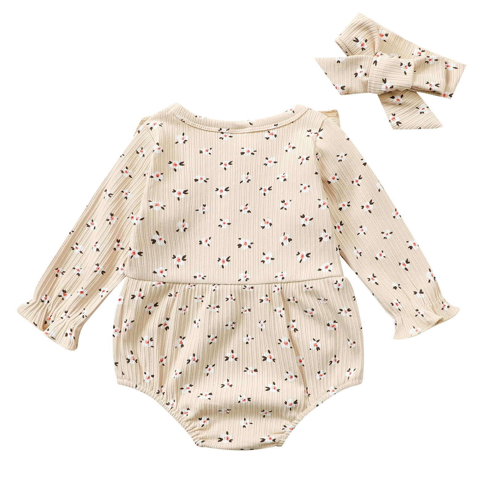 Baby Floral Print Clothes Set, Long Sleeve Romper+Bow-knot Headband ...