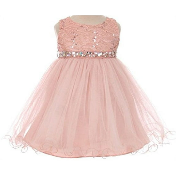 Baby Flower Girl Dress Lace Bodice Crystal Tulle Bottom Blush L MBK 340B