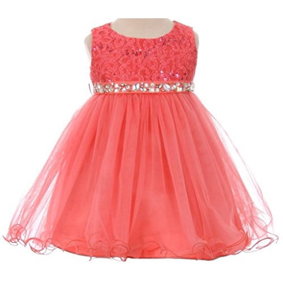 Baby Flower Girl Dress Lace Bodice Crystal Tulle Bottom Coral L MBK 340B